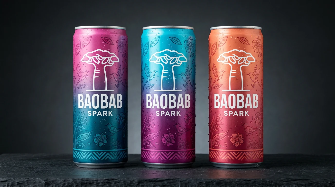 Trois canettes Baobab Spark, dégradés par saveur, logo baobab, dessins au trait, gouttes.