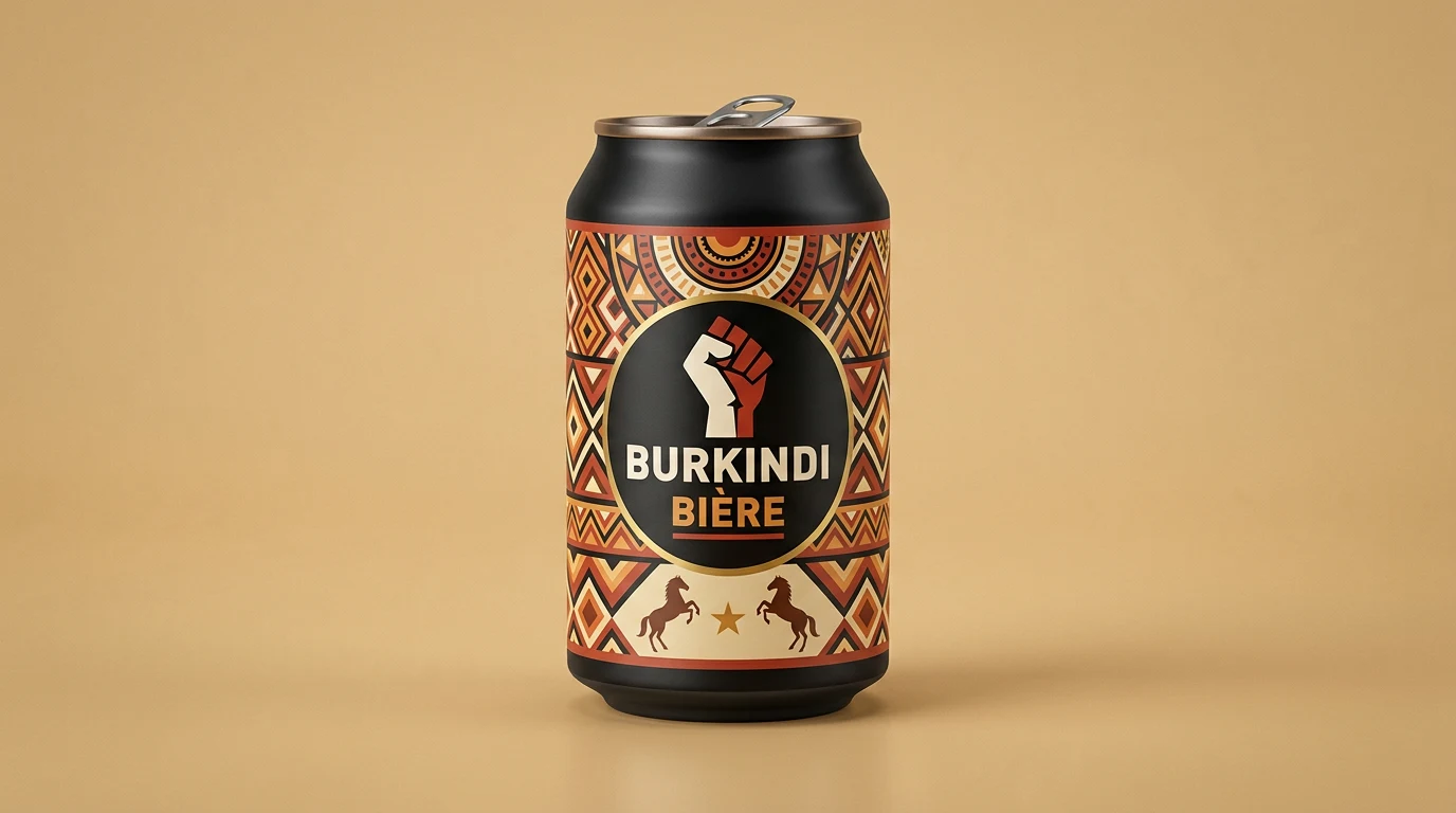 Canette Burkindi Bière : motifs géométriques et panneau d’info.