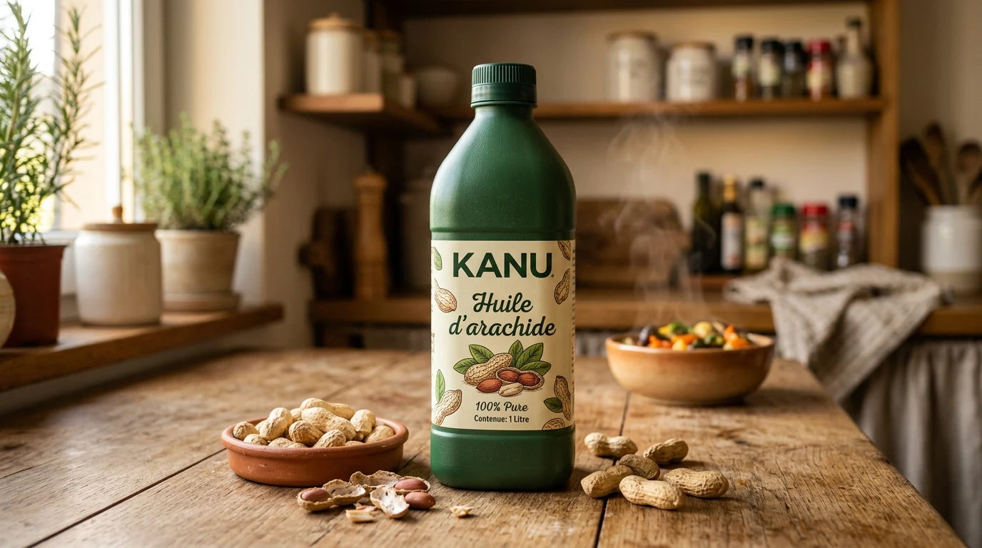 Bouteille plastique verte Kanu, étiquette terroir, table bois, cacahuètes, légère vapeur.