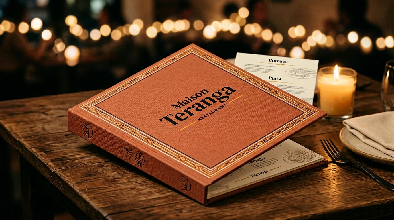 Menu Maison Teranga : couverture, motifs textiles, typo soignée.
