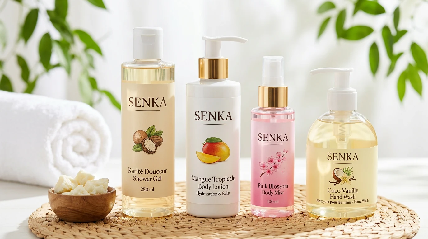 Quatre produits SENKA (douche, lait, brume, savon) sur natte, typo et dessins alignés.