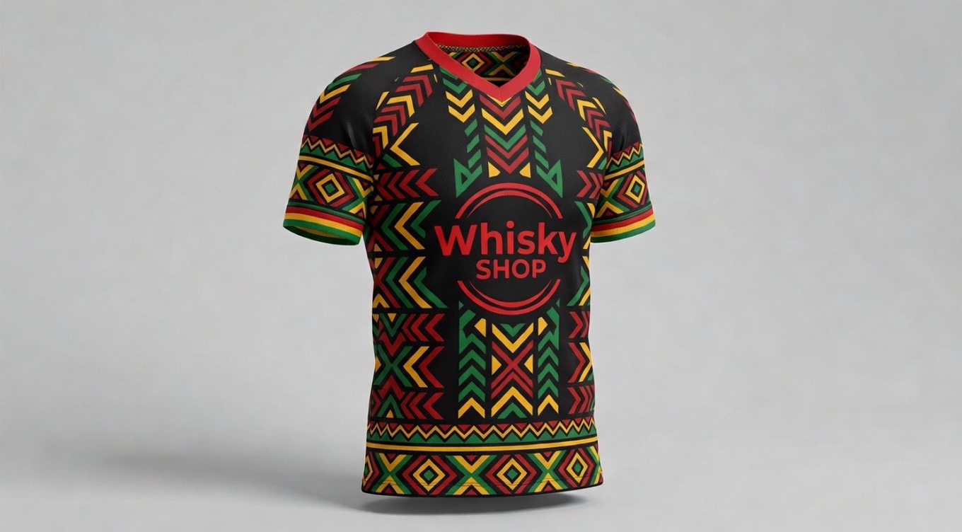 Maillot Whisky Shop trois-quarts avant : logo rouge, motifs rouge, jaune, vert sur noir.