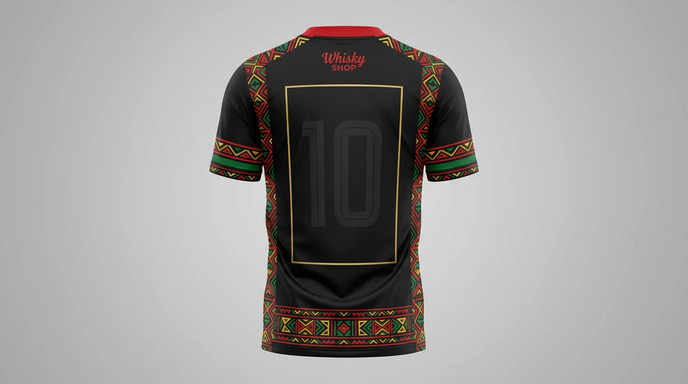 Dos du maillot : logo entre les omoplates, numéro encadré or, bandeaux rouge, jaune, vert.