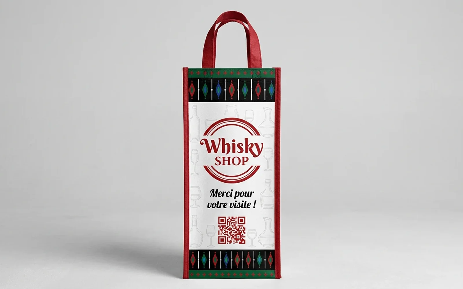 Sac réutilisable une bouteille Whisky Shop, face avant, rouge et bandeaux.