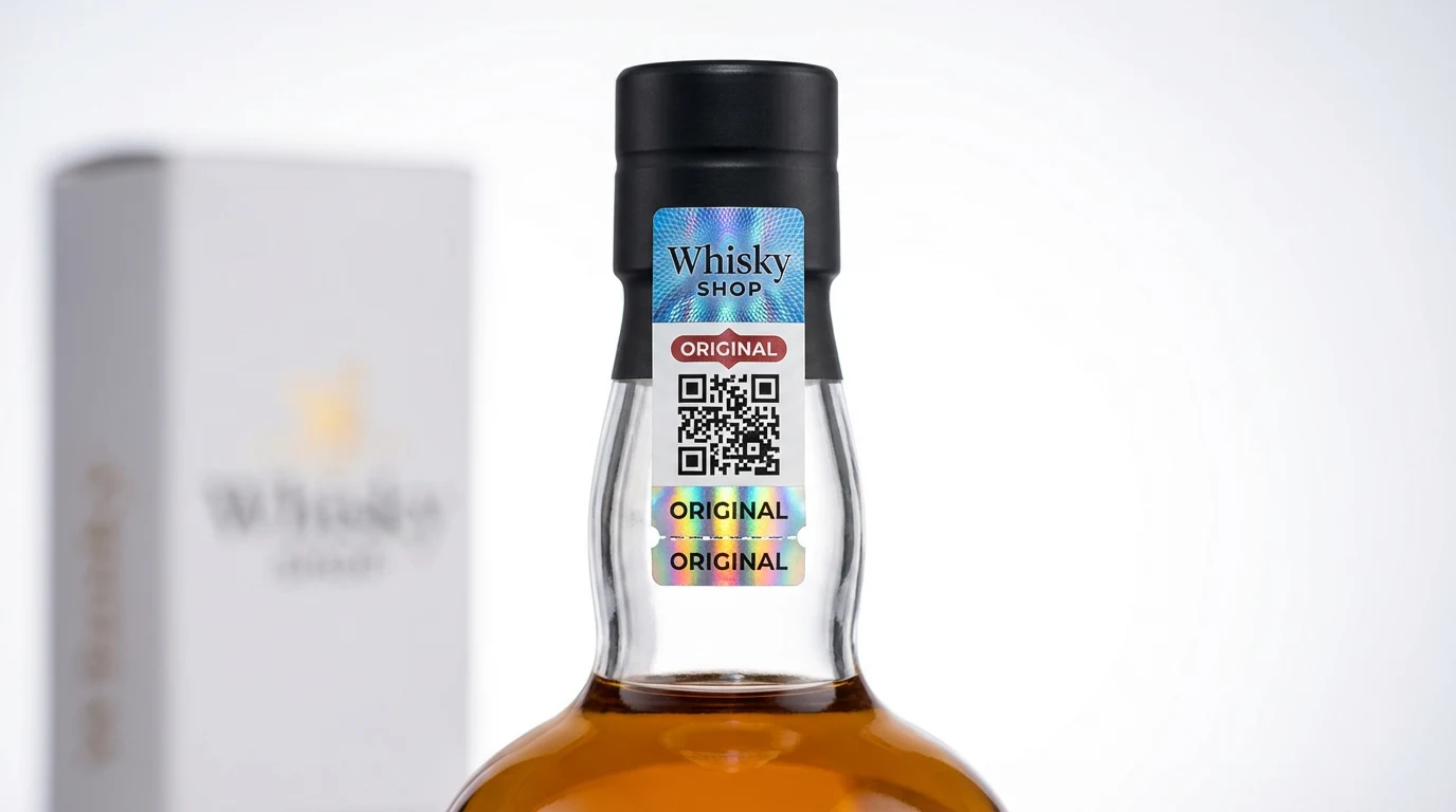 Goulot avec sceau holographique Whisky Shop, QR et textes d’authenticité.